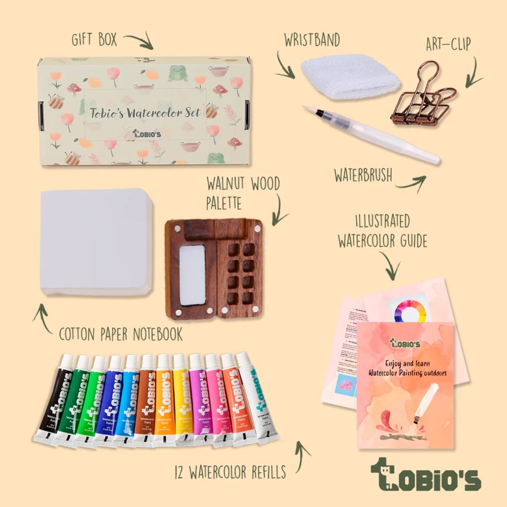 Tobio's Mini Travel Watercolor Set with 12 Refills Portable On The Go